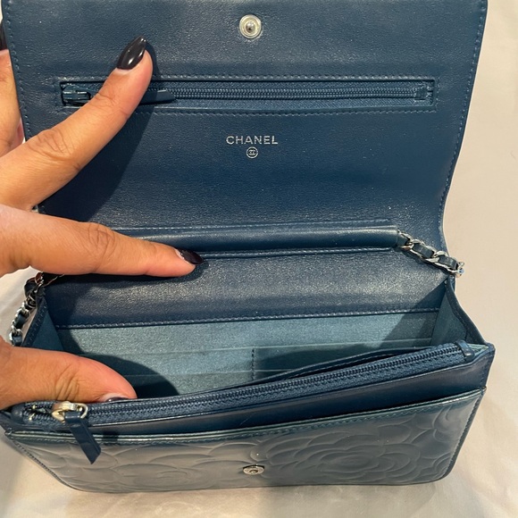 CHANEL Patent Leather Camellia Wallet on Chain WOC Blue - Picture 7 of 10